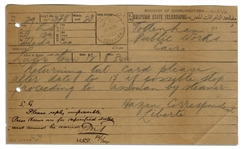 Two Telegrams Pertaining to Press Coverage of King Tut's Tomb, Sent in 1923 & 1924 -- ''...received no reply concerning visiting Tutankhamun beg you will reply...''