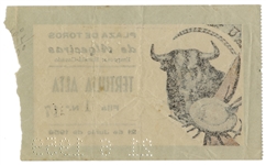 Ernest Hemingway's Own Bullfighting Ticket From 21 June 1959 -- From the ''Plaza de Toros de Algeciras'' -- Hemingway Wrote About the Bullfights of 1959 in His Final Book
