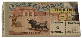 Ernest Hemingway's Own Bullfighting Ticket From 18 August 1959 -- From the ''Plaza Toros'' in Bilbao, Spain -- Hemingway Wrote About the Bullfights of 1959 in His Final Book