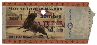 Ernest Hemingway's Own Bullfighting Ticket From 4 August 1959 -- From the ''Plaza de Toros de Malaga'' -- Hemingway Wrote About the Bullfights of 1959 in His Final Book