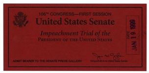 President Bill Clinton Senate Impeachment Trial Ticket -- Admits Bearer to the Senate Press Gallery