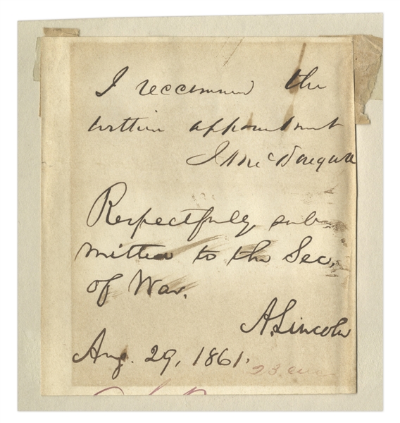 Abraham Lincoln Autograph Endorsement Signed as President in August 1861