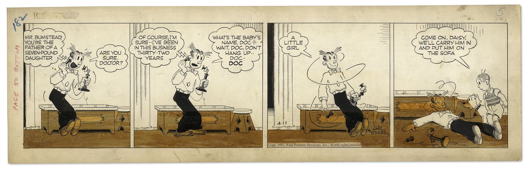 Chic Young Hand-Drawn ''Blondie'' Comic Strip From 1941 Titled ''Father Doing Well'' -- Cookie Is Born!