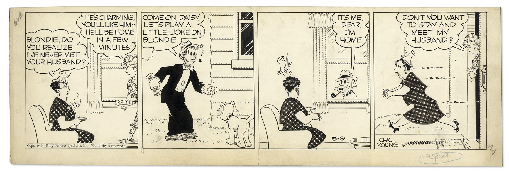 Chic Young Hand-Drawn ''Blondie'' Comic Strip From 1944 Featuring Blondie -- Titled, ''It's The Beast in Him''
