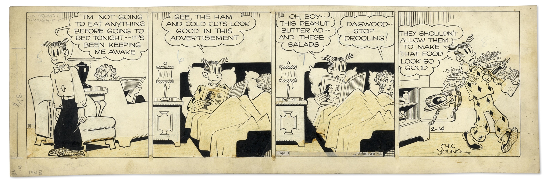 Chic Young Hand-Drawn ''Blondie'' Comic Strip From 1948 Titled ''Pin-Ups Pin Down Papa!'' -- Dagwood Makes One of His Infamous Midnight Food Runs
