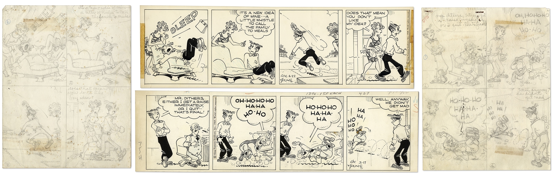 2 Chic Young Hand-Drawn ''Blondie'' Comic Strips From 1968 & 1969 -- With Chic Young's Original Artwork for Both