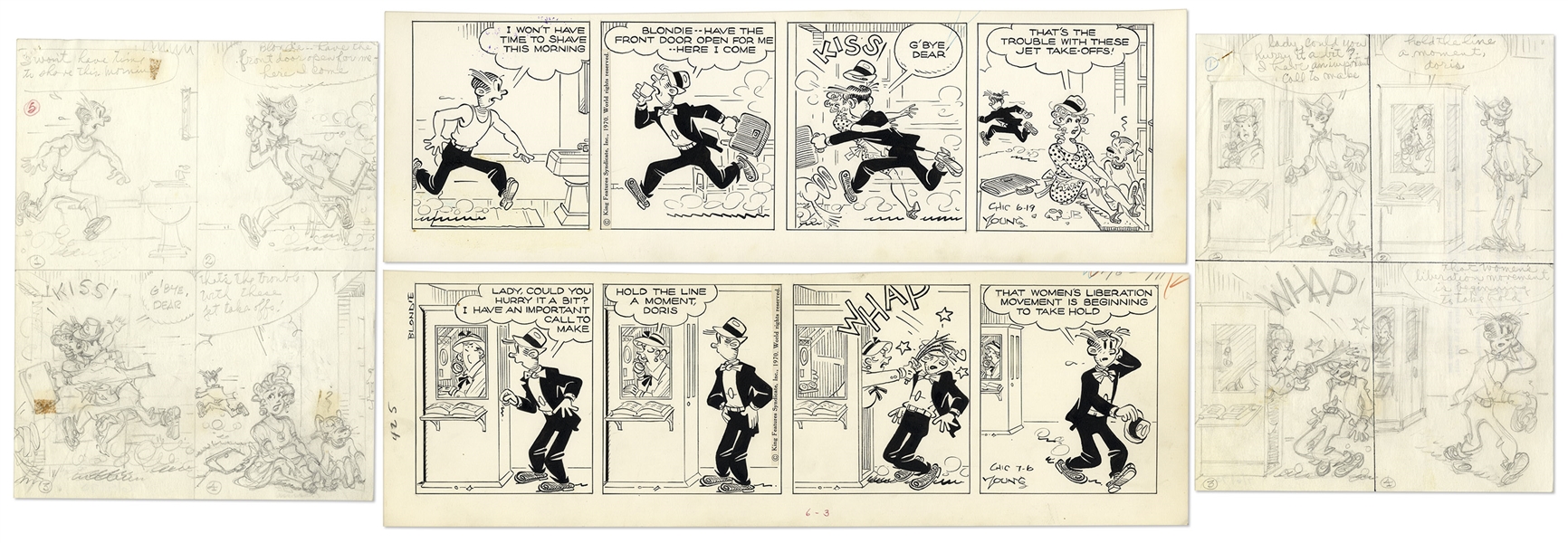 2 Chic Young Hand-Drawn ''Blondie'' Comic Strips From 1970 -- With Chic Young's Original Artwork for Both