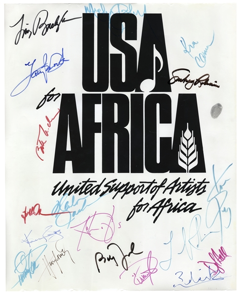 Historic ''USA for Africa'' Poster Signed by 19 Musical Artists From the 1985 Charity Single ''We Are The World'' -- Including Michael Jackson, Billy Joel & Stevie Wonder