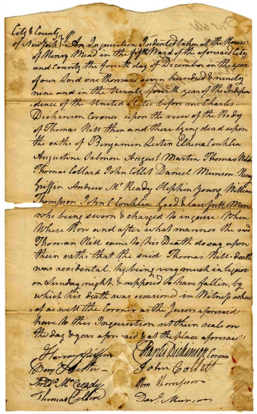 New York Inquest Regarding Death of Thomas Nill From 1799 -- ''...Very much liquor on Sunday night...''