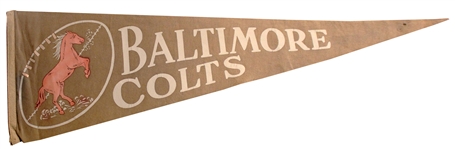 Early Baltimore Colts Pennant Featuring the Horse Mascot -- 29.5 x 11.5 -- Pinholes to Corners & Fading -- Very Good