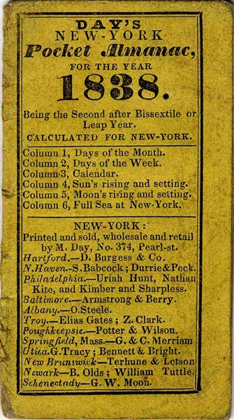 Pocket-Sized 2'' x 3.5'' ''Day's New York'' 1838 Almanac -- Filled With Interesting Details of the Year -- Very Good