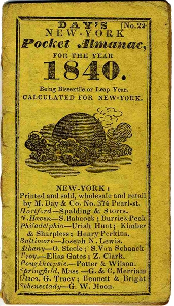Day's New York Pocket Almanac -- 1840 -- Includes Weather Forecasts, Household Advice, Astrology -- 1.75'' x 3.5'' -- Very Good Condition