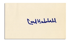 Lot of Four Cards Signed by Baseball Hall of Famer Carl Hubbell -- Cards Each Measure 5'' x 3'' -- Signed in Blue Ink, Black Marker & Blue Marker -- Fine