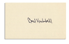 Lot of Four Cards Signed by Baseball Hall of Famer Carl Hubbell -- Cards Each Measure 5'' x 3'' -- Signed in Blue Ink, Black Marker & Blue Marker -- Fine