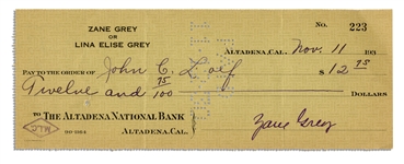 Zane Grey 1930 Handwritten Check Signed -- Prolific Author of Popular Western Novels