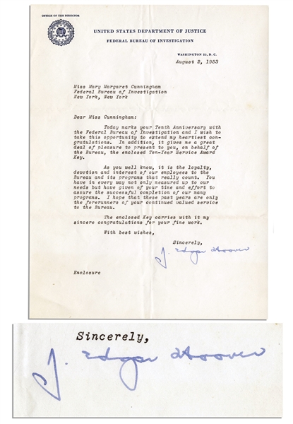 J. Edgar Hoover 1953 Typed Letter Signed -- On FBI Letterhead
