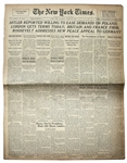 The New York Times From 26 August 1939 -- Roosevelt Addresses New Peace Appeal to Germany -- Less Than One Week Before WWII