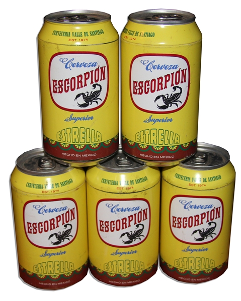 Set of Prop ''Escorpion'' Beer Cans Used Throughout the Hit 2012 Film ''Casa de Mi Padre'' Starring Will Ferrell
