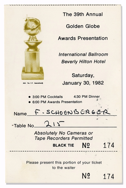 Golden Globe Awards Ticket & Program From the 39th Annual Ceremony in 1982