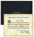 Bing Crosbys Appreciation Certificate from the Motion Picture Relief Fund in 1939