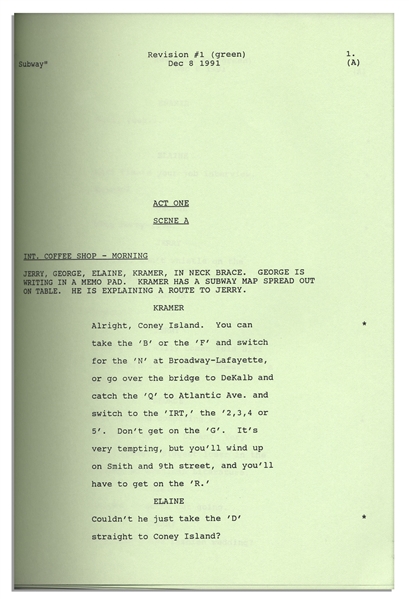 Vintage Script For ''Seinfeld'' Episode ''The Subway'' From the Third Season -- Revised Table Draft Issued Only to Production Team