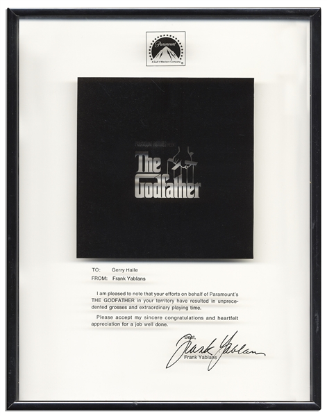 Unique Plaque From the President of Paramount Pictures for the Success of ''The Godfather'' -- ''...unprecedented grosses and extraordinary playing time...''