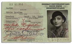 Greta Garbo's United States Immigrant ID Card -- Signed & With Her Photo From 1938