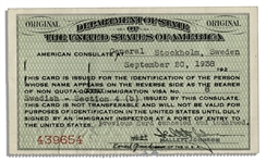 Greta Garbo's United States Immigrant ID Card -- Signed & With Her Photo From 1938