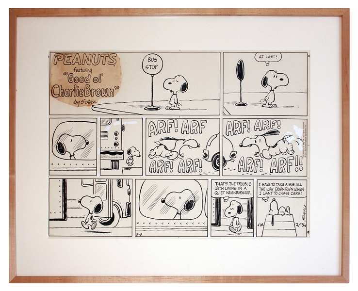 Charles Schulz Hand-Drawn Sunday All-Snoopy ''Peanuts'' Strip From 1974 -- Featuring Snoopy Running on All Four Legs