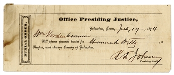 1874 Burial Order Signed by Galveston County, Texas Judge