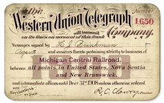 Michigan Central Railroad Employee Pass for Western Union Telegraph Service -- 1908