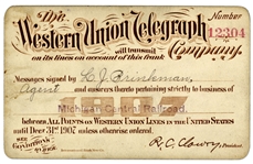 Michigan Central Railroad Employee Pass for Western Union Telegraph Service -- 1907