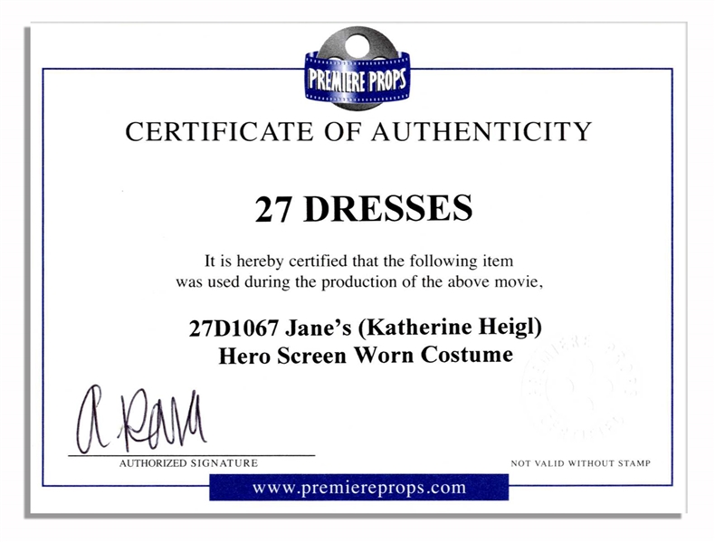 Katherine Heigl Screen-Worn ''Hero'' Costume From the Hit 2008 Romantic Comedy ''27 Dresses''