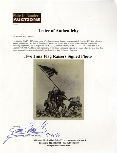 Iwo Jima Flag Raisers 8'' x 10'' Signed Photo -- Signed by John Bradley, Ira Hayes & Rene Gagnon -- From John Bradley's Estate