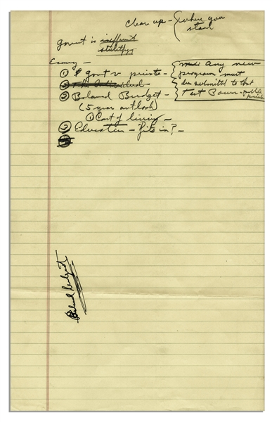 Richard Nixon Handwritten Notes on Economics -- ''...Government is Inefficient / Stultifying...'' -- Plus Note to Himself: ''clear up - where you stand''
