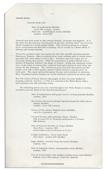 Press Release Pertaining to Jackie Kennedy's Famous Renovation of the White House -- ''...Outstanding pieces from the fabulous vermeil collection...''