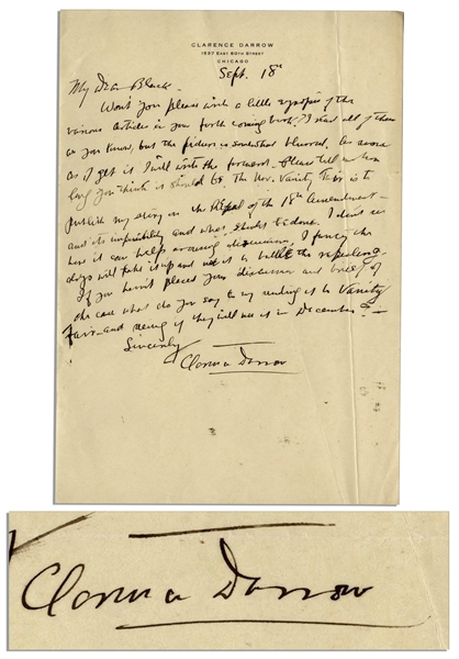 Clarence Darrow Autograph Letter Signed Regarding Prohibition -- ''...Vanity Fair is to publish my story on the repeal of the 18th amendment...''