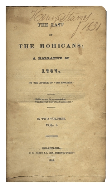James Fenimore Cooper's ''Last of the Mohicans'' First Edition -- Scarce in Original Boards
