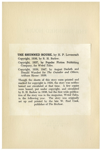 H.P. Lovecraft Printing of ''The Shunned House'' From 1928 -- One of Only 100 Printed Copies Subsequently Printed by Arkham House, With ''Canterbury'' Watermark -- Scarce