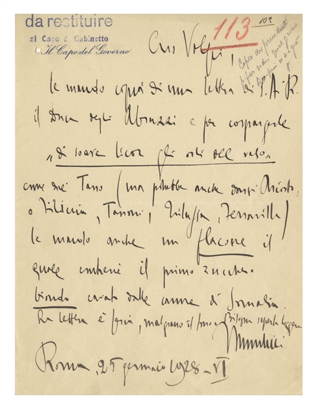 Benito Mussolini Autograph Letter Signed as Prime Minister and Duce of Fascism -- ''...sprinkle 'the rim of the glass with a sweet liquor'...''