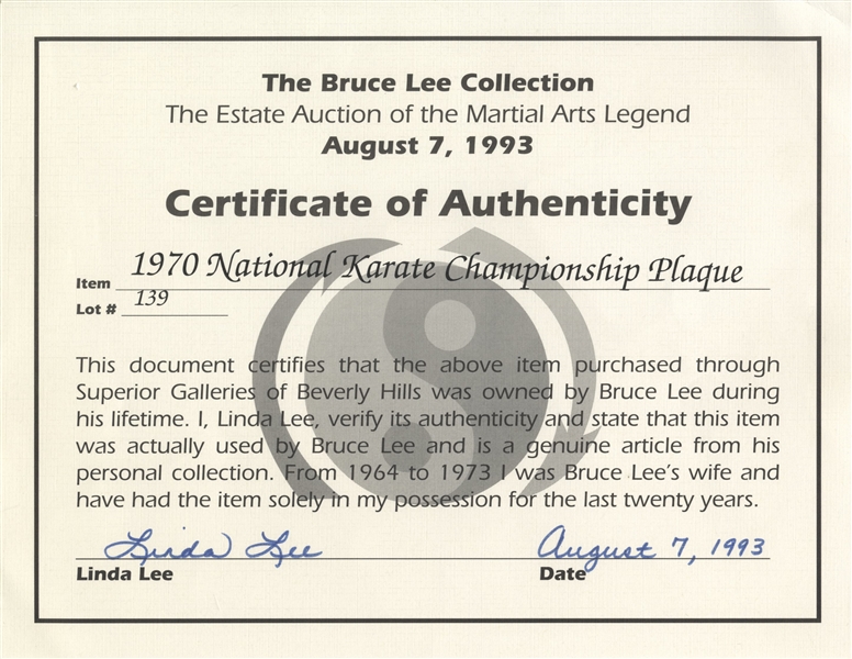 Bruce Lee Memorabilia Auction Bruce Lee's National Karate Championship Plaque -- Awarded to Him & Very Scarce