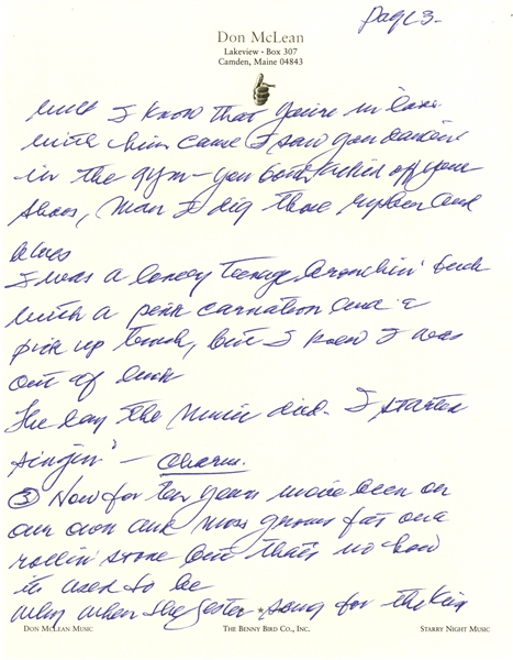 Don McLean Handwritten Lyrics to His Iconic ''American Pie'' -- The Only Lyrics Ever Sold at Auction Apart From the Original Draft