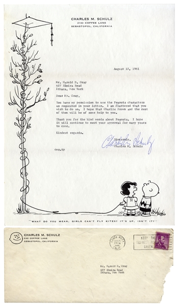 Charles Schulz Letter Signed From 1961 to ''Little Orphan Annie'' Cartoonist Harold Gray -- Schulz Is Flattered That Gray Asks Permission to Use His ''Peanuts'' Characters