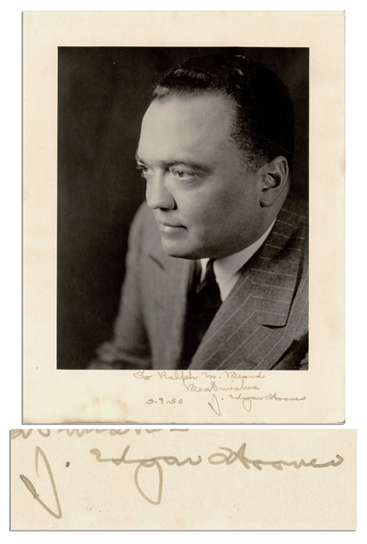 J. Edgar Hoover Signed Photo Display -- ''To Ralph W. Beards / Best wishes / 3.9. 50  J. Edgar Hoover'' -- 8.75'' x 11.25'' Matte Photo -- Small Stain to Lower Edge, Else Near Fine