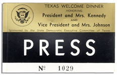 Press Badge for JFKs Texas Welcome Dinner Scheduled for the Night of 22 November 1963