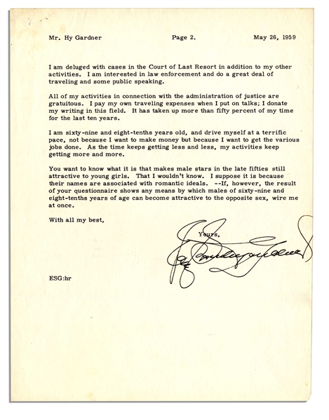 'Perry Mason'' Author Erle Stanley Gardner Typed Letter Signed -- ''...You want to know what it is that makes male stars in the late fifties still attractive to young girls...''