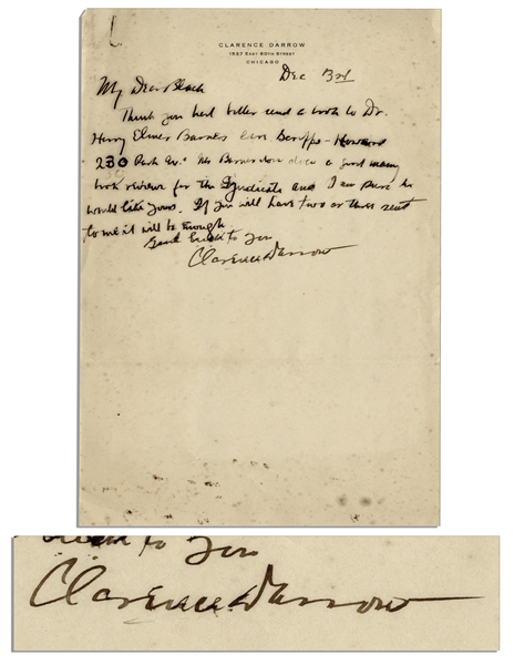 Clarence Darrow Autograph Letter Signed -- To His Colleague Forrest Black, Who, Like Darrow, Vehemently Disagreed With the 19th Amendment of Prohibition