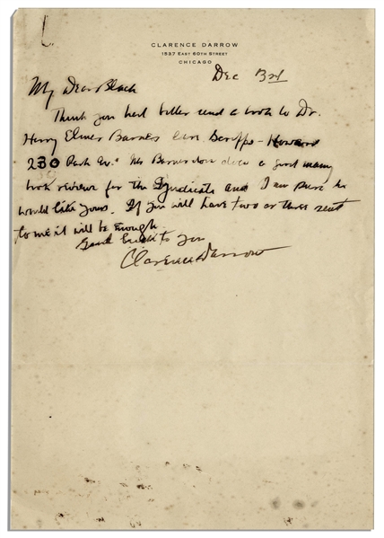 Clarence Darrow Autograph Letter Signed -- To His Colleague Forrest Black, Who, Like Darrow, Vehemently Disagreed With the 19th Amendment of Prohibition