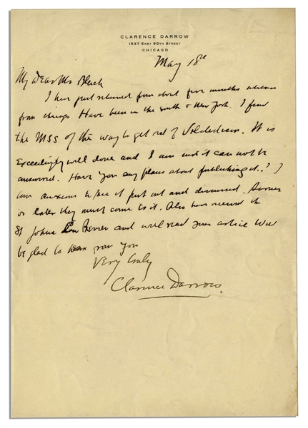 Clarence Darrow Autograph Letter Signed Regarding Prohibition -- ''...the way to get rid of Volsteadism...''
