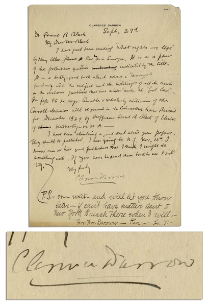 Clarence Darrow Autograph Letter Signed Regarding Prohibition -- Darrow Calls Prohibition ''The Fool Law''